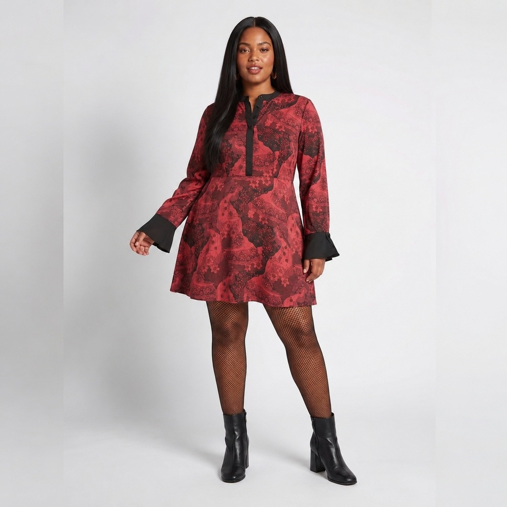 ModCloth Retro Romance Tunic Dress Womens Plus 24 Red Black Art Nouveau Mini